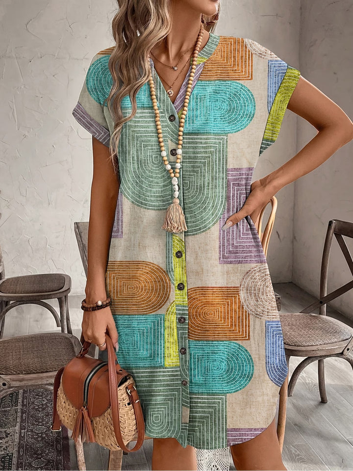 Maren | Elegant Geometric V-Neck Button Dress
