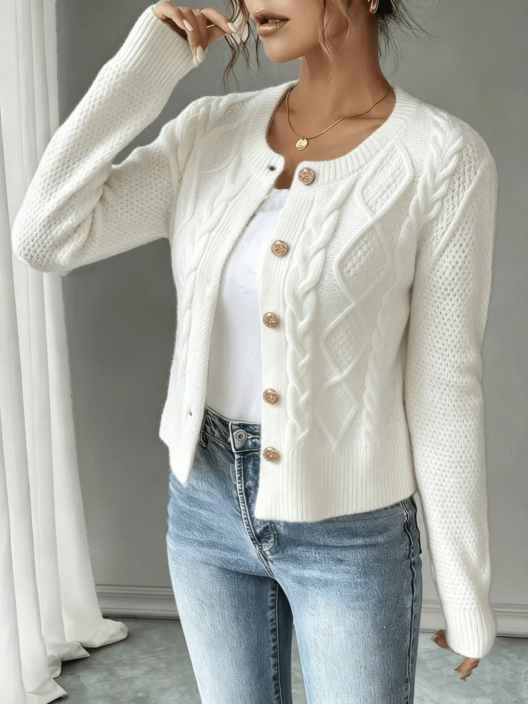 Iris | Cable-Knit Button-Front Cardigan