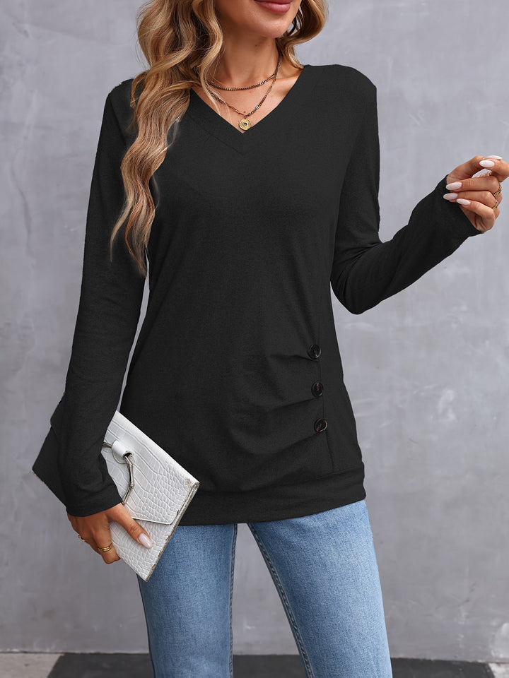 Nadine | V-Neck Button-Trim Long-Sleeve Top