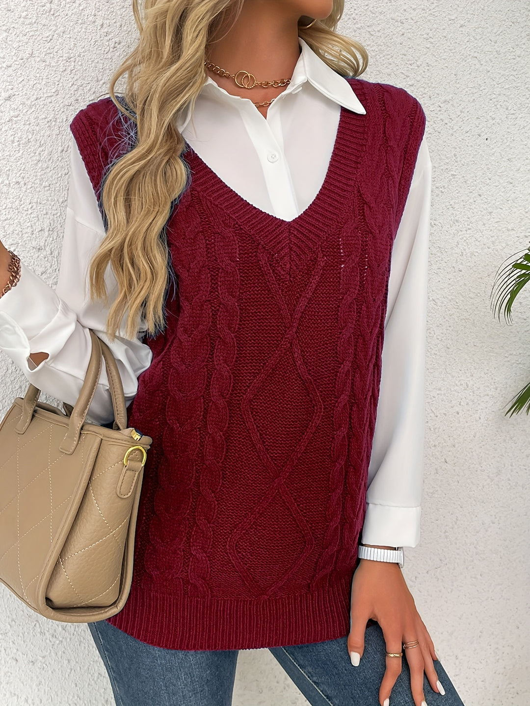 Ramona | Cable-Knit V-Neck Sweater Vest