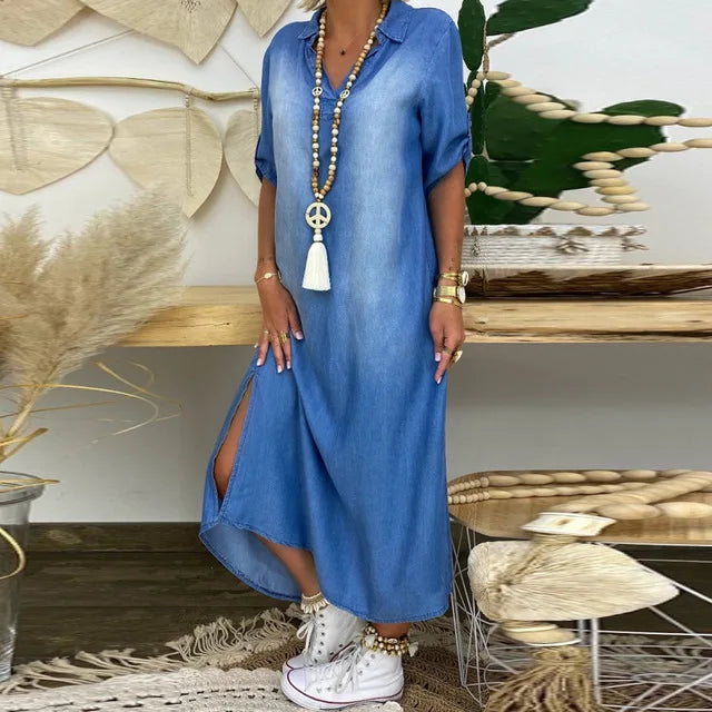 Malliah | Elegant Mid Sleeve V-Neck Plain Dress