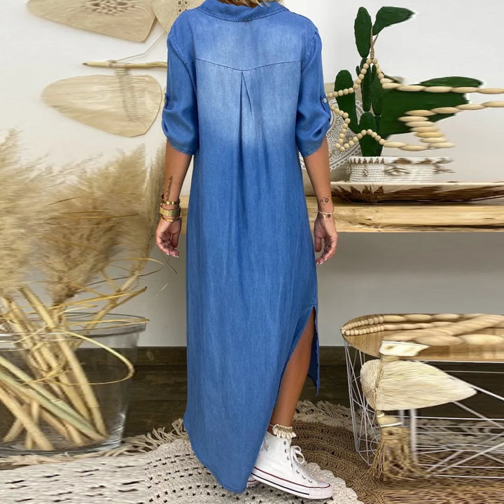 Malliah | Elegant Mid Sleeve V-Neck Plain Dress