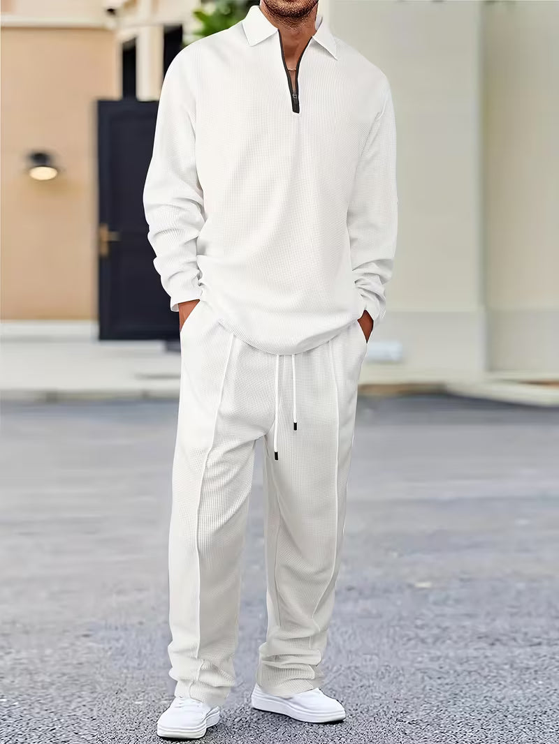 Zephran | Stylish Zipper Waffle Sweatshirt & Pants Suit