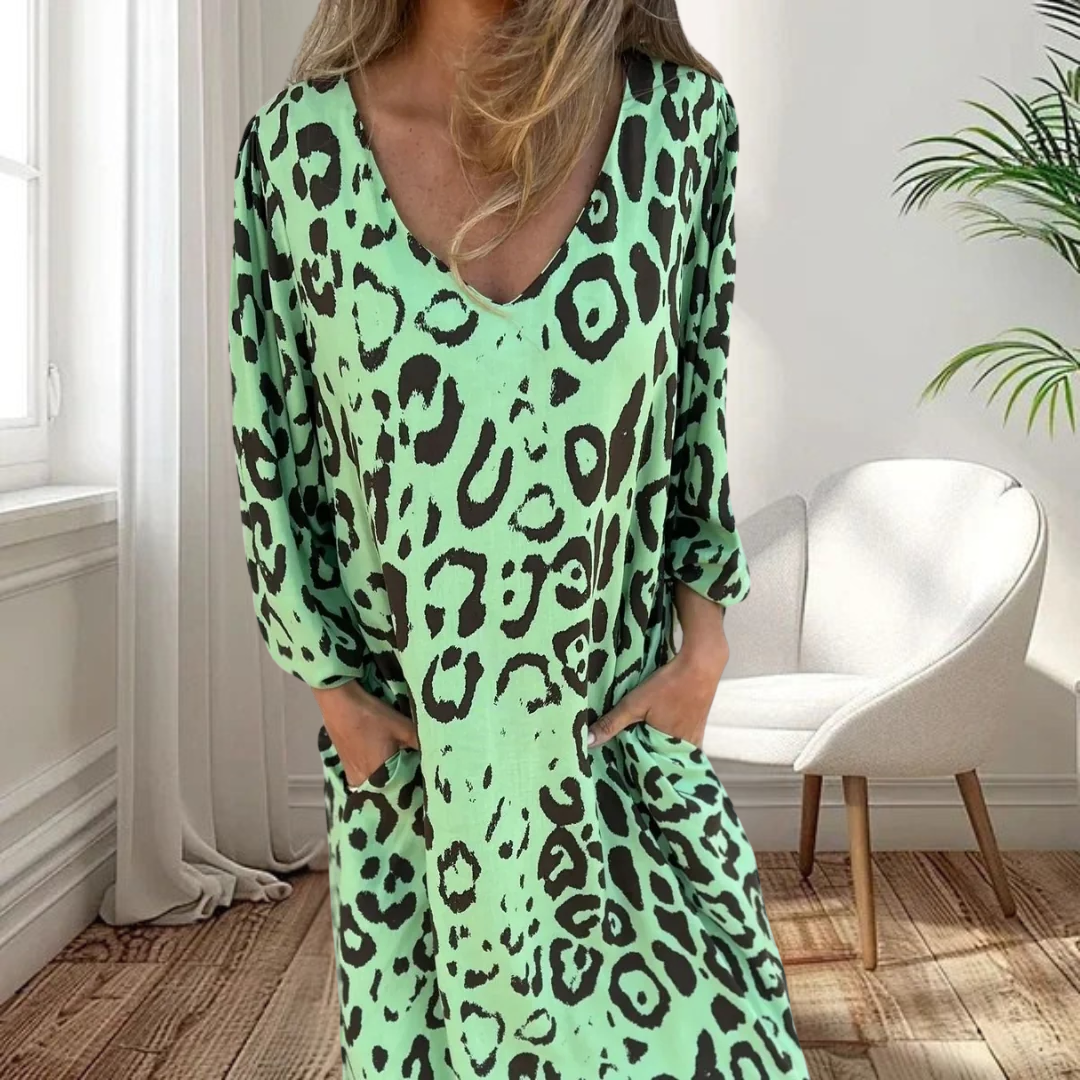 Carina | Stylish Long V-Neck Leopard Dress
