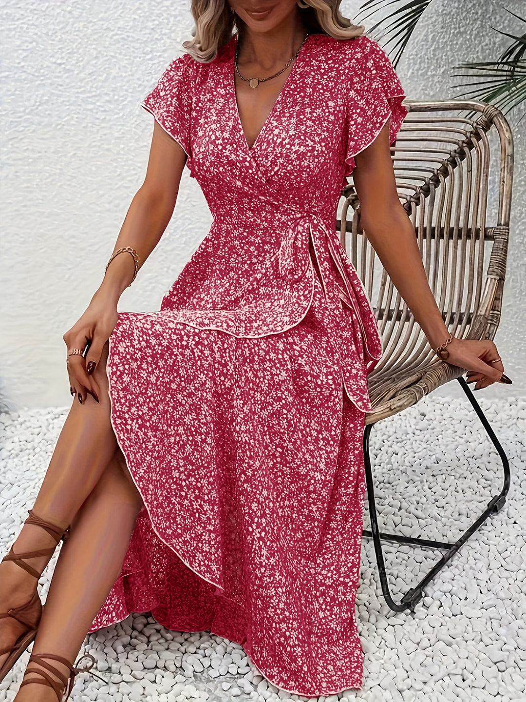 Neira | Elegant Short Sleeve V-Neck Dress