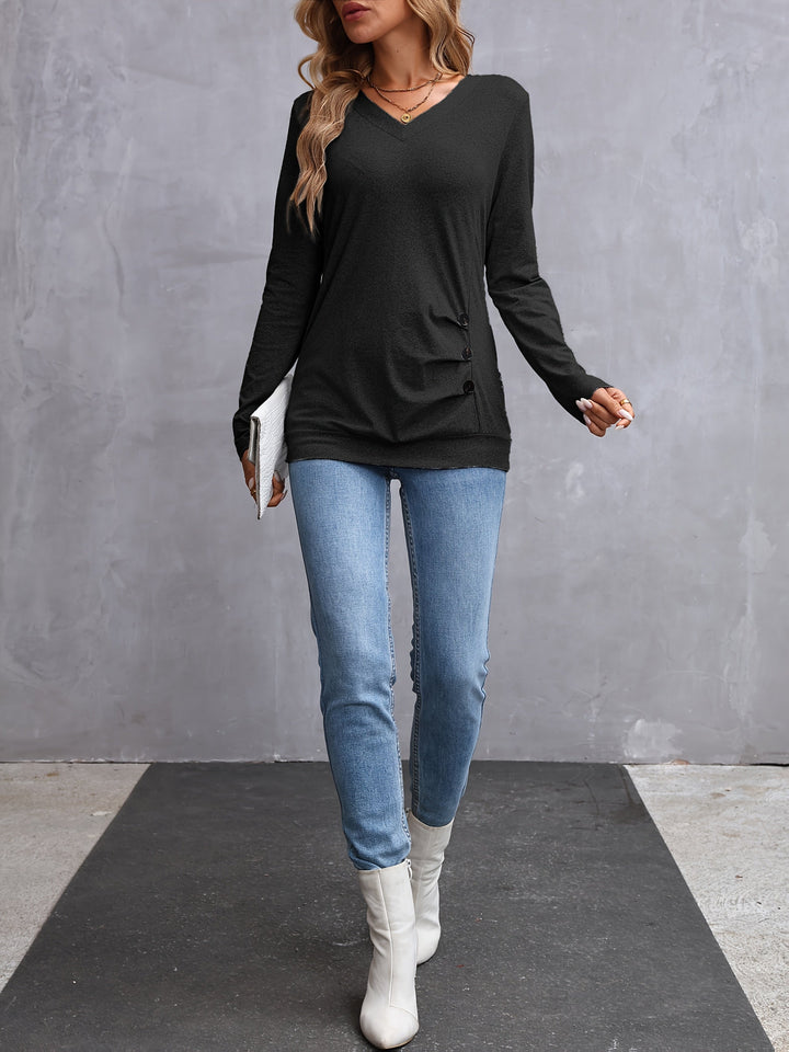 Nadine | V-Neck Button-Trim Long-Sleeve Top