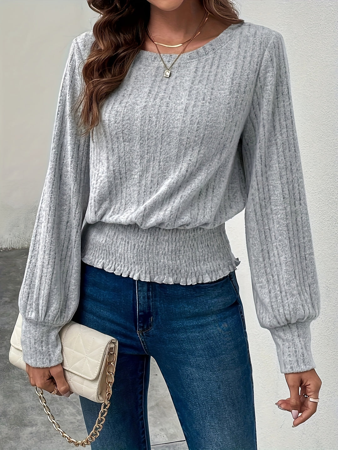 Melanie | Ribbed Smocked-Hem Long Sleeve Top