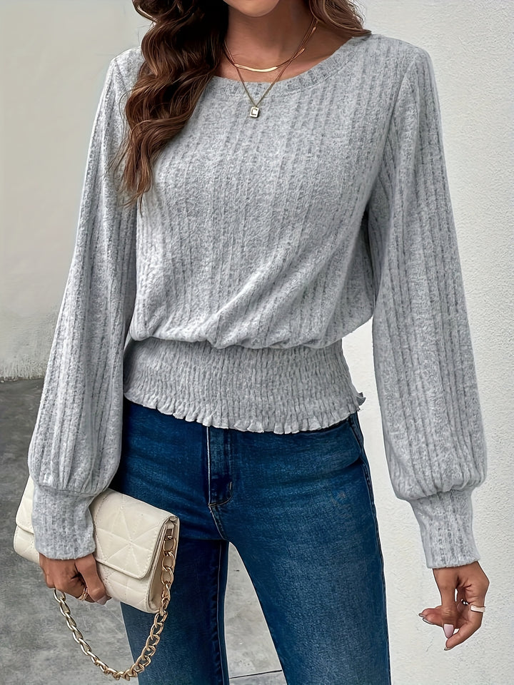 Melanie | Ribbed Smocked-Hem Long Sleeve Top