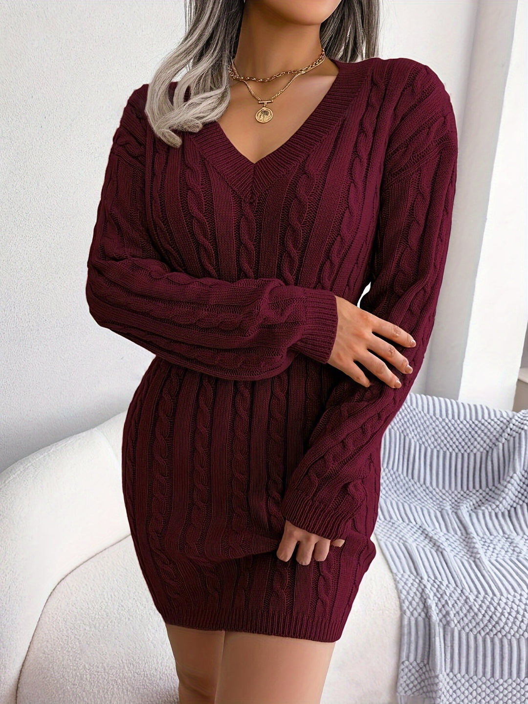 Rosalyn | Cable-Knit V-Neck Sweater Dress