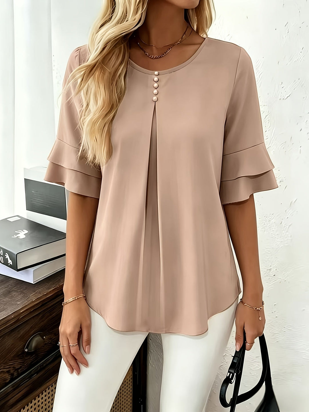 Eloise | Flowing Pearl-Button Blouse