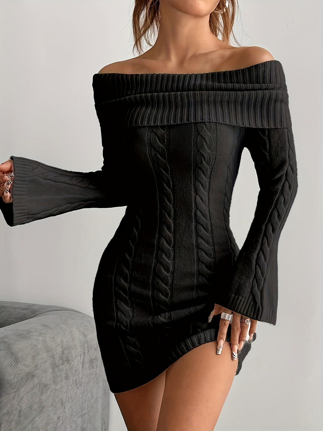 Marigold | Off-Shoulder Cable-Knit Dress