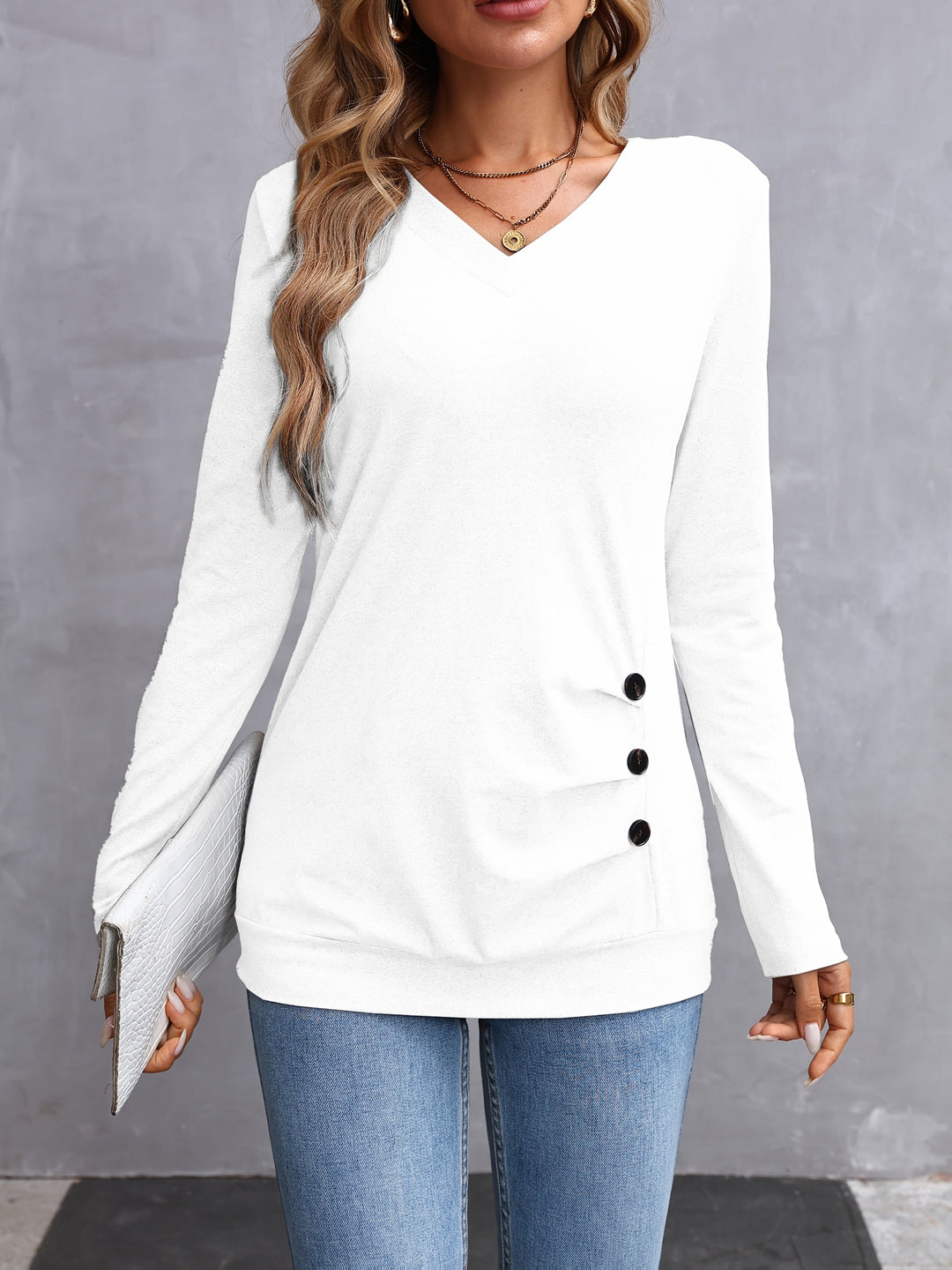 Nadine | V-Neck Button-Trim Long-Sleeve Top