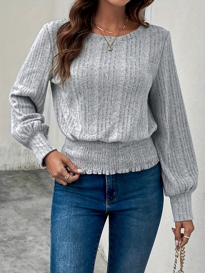 Melanie | Ribbed Smocked-Hem Long Sleeve Top