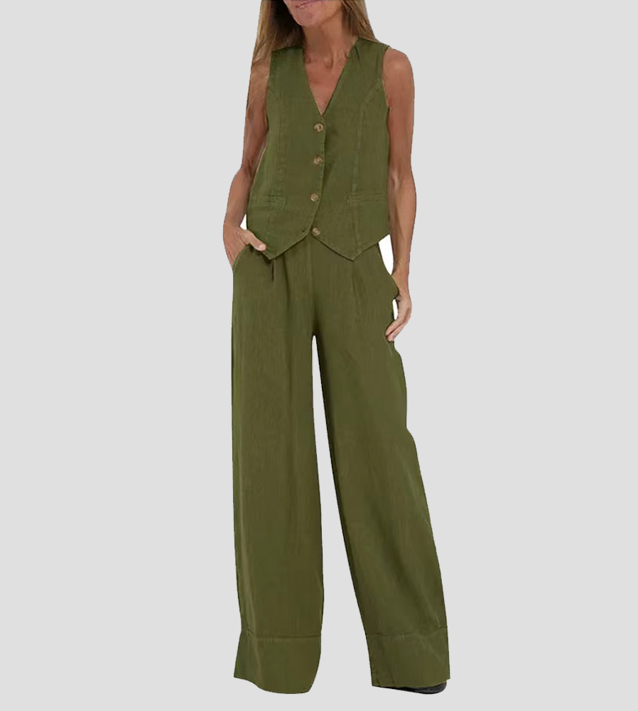 Suzanne | Sleeveless V-Neck Vest & Wide-Leg Pants Set