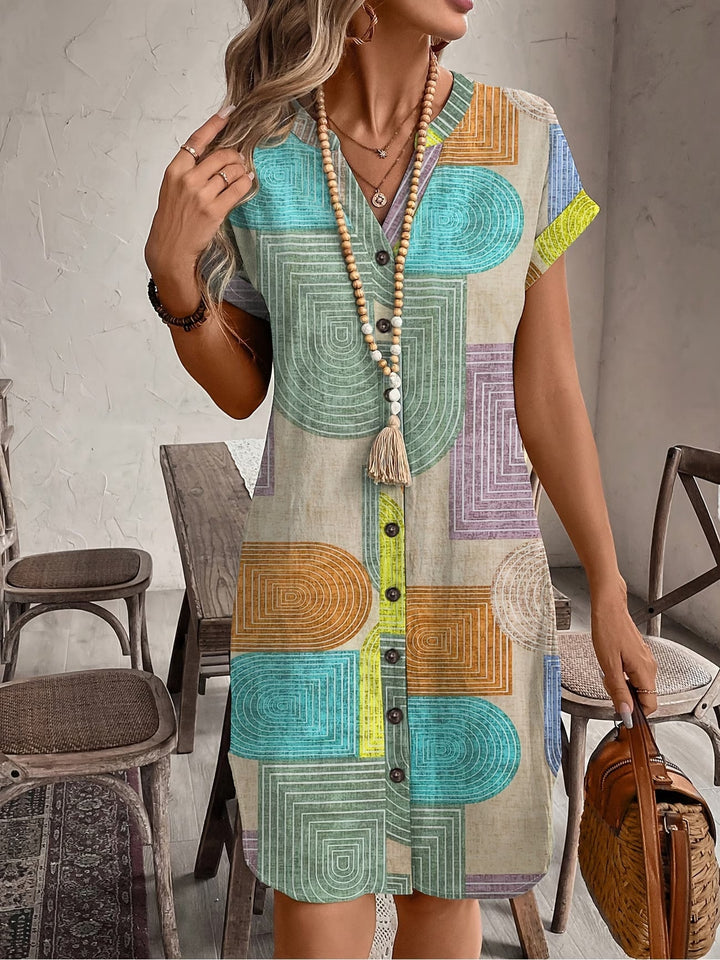 Maren | Elegant Geometric V-Neck Button Dress