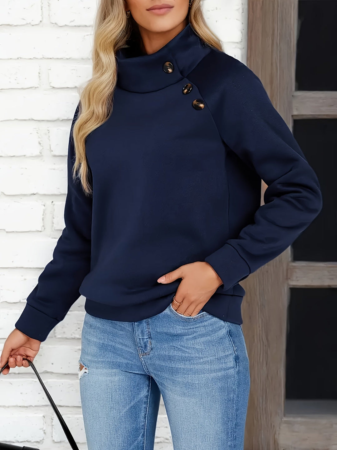 Harper | Button-Accent Stand Collar Sweatshirt