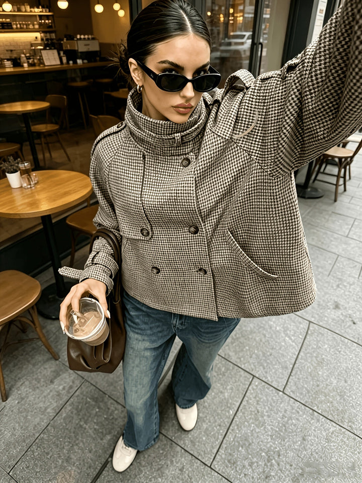 Penelope | Houndstooth Stand-Collar Cropped Coat