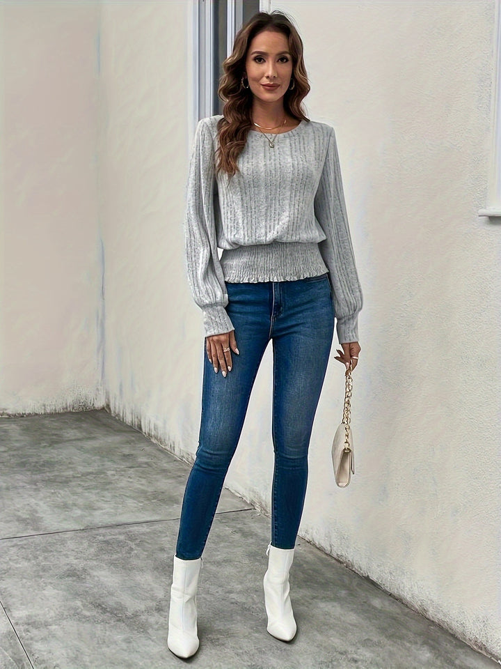 Melanie | Ribbed Smocked-Hem Long Sleeve Top