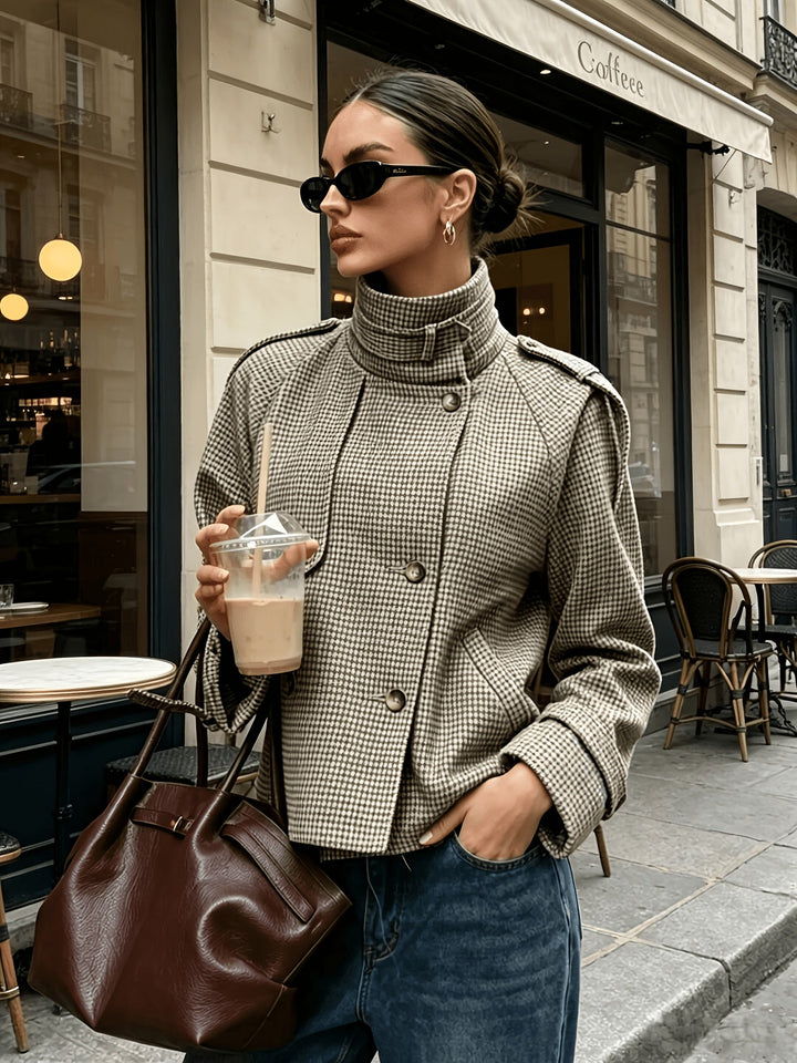 Penelope | Houndstooth Stand-Collar Cropped Coat