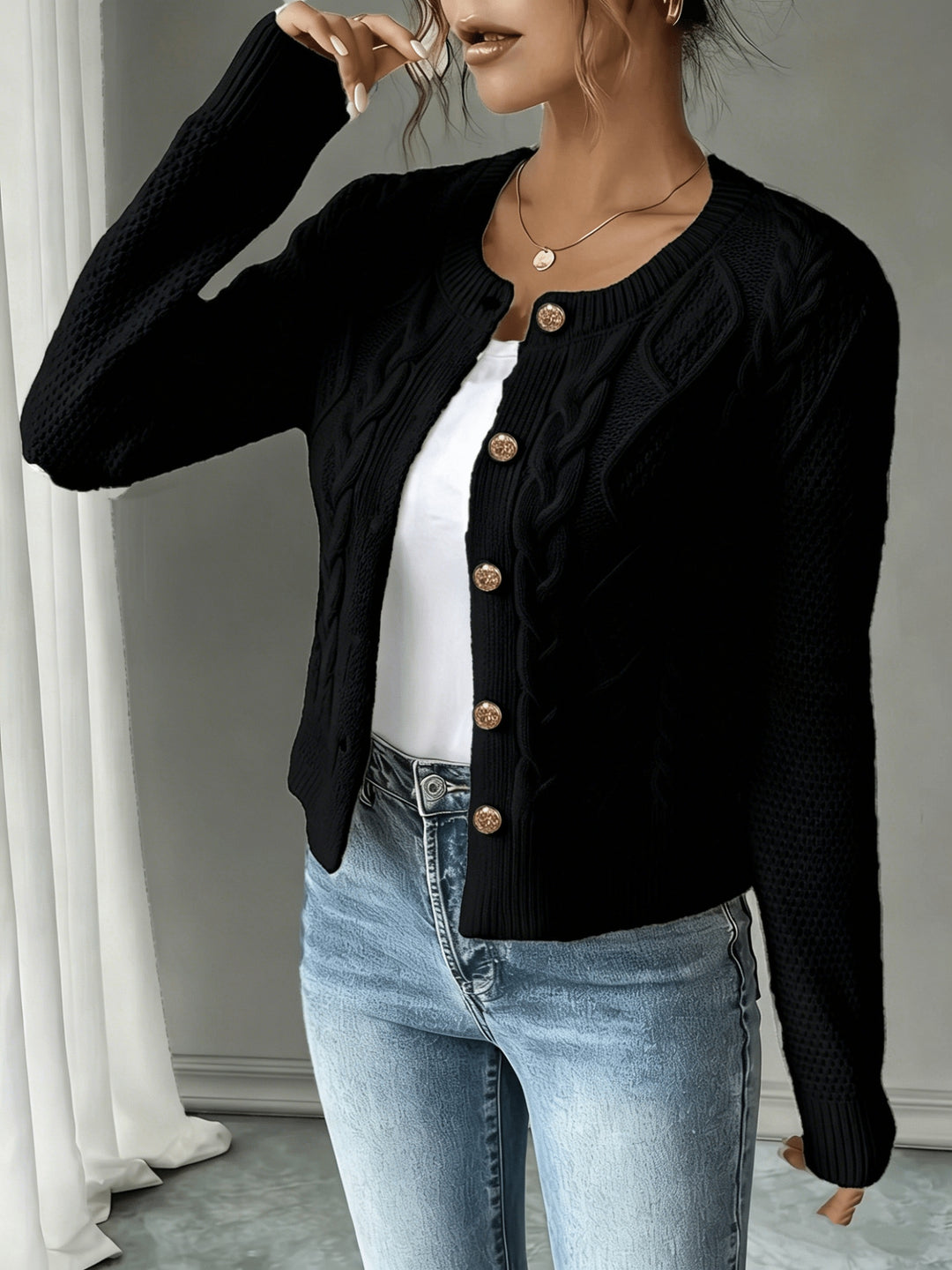 Iris | Cable-Knit Button-Front Cardigan