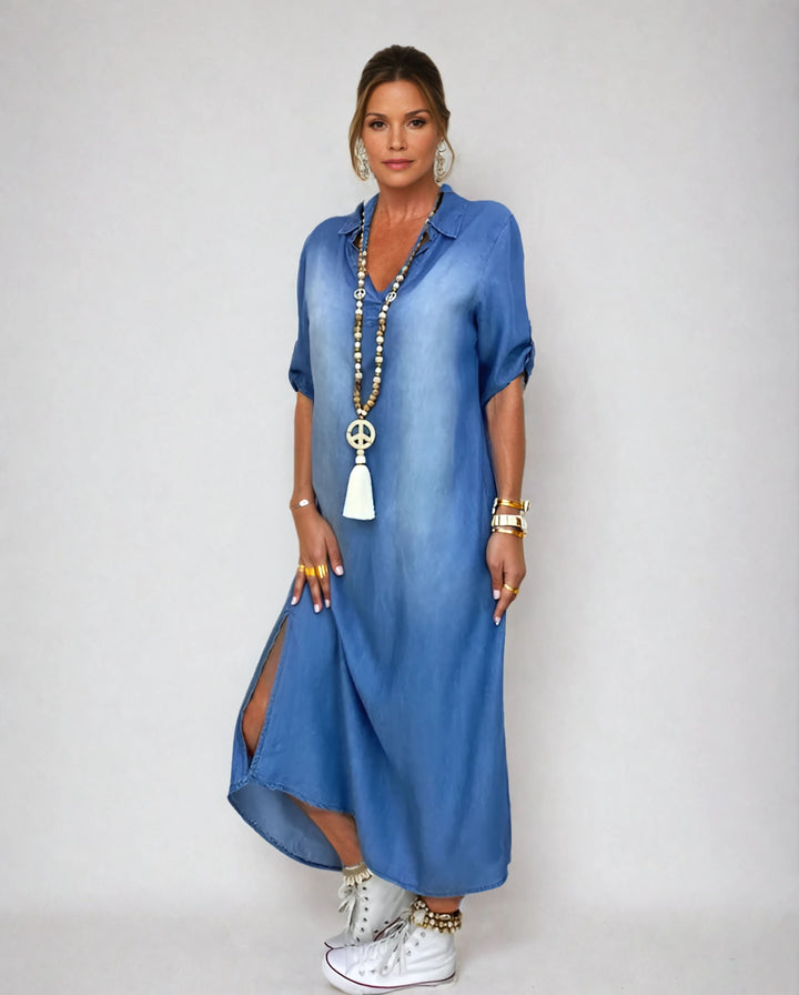 Malliah | Elegant Mid Sleeve V-Neck Plain Dress
