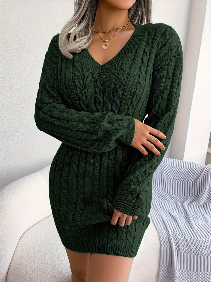Rosalyn | Cable-Knit V-Neck Sweater Dress