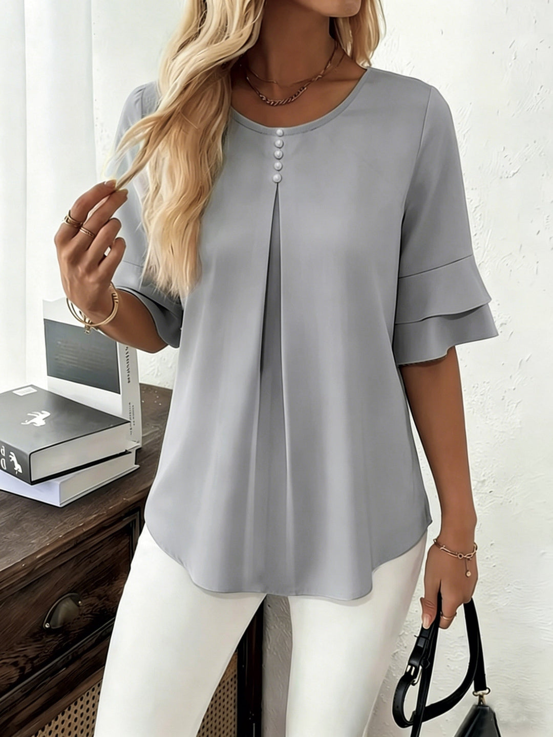 Eloise | Flowing Pearl-Button Blouse