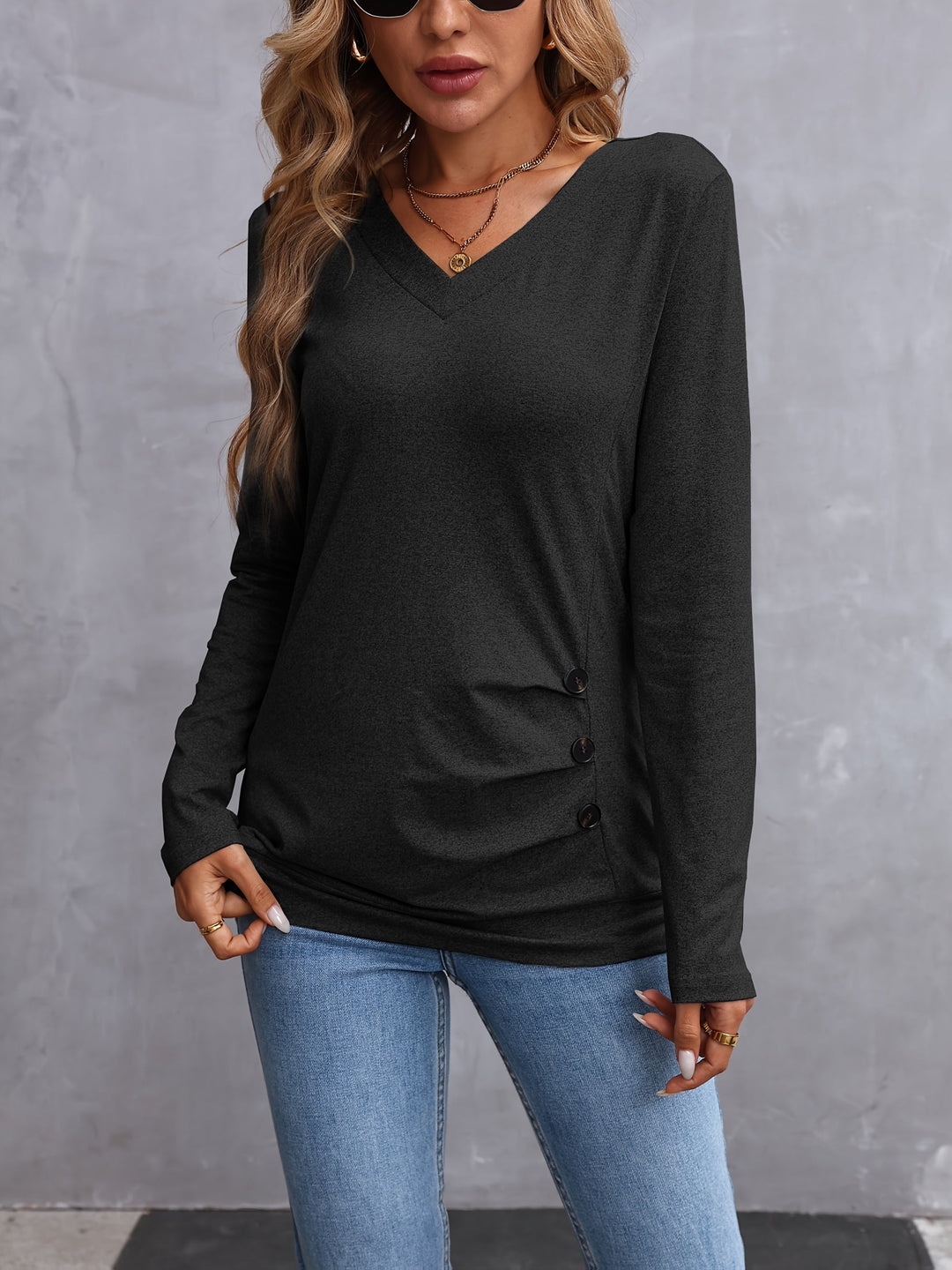 Nadine | V-Neck Button-Trim Long-Sleeve Top