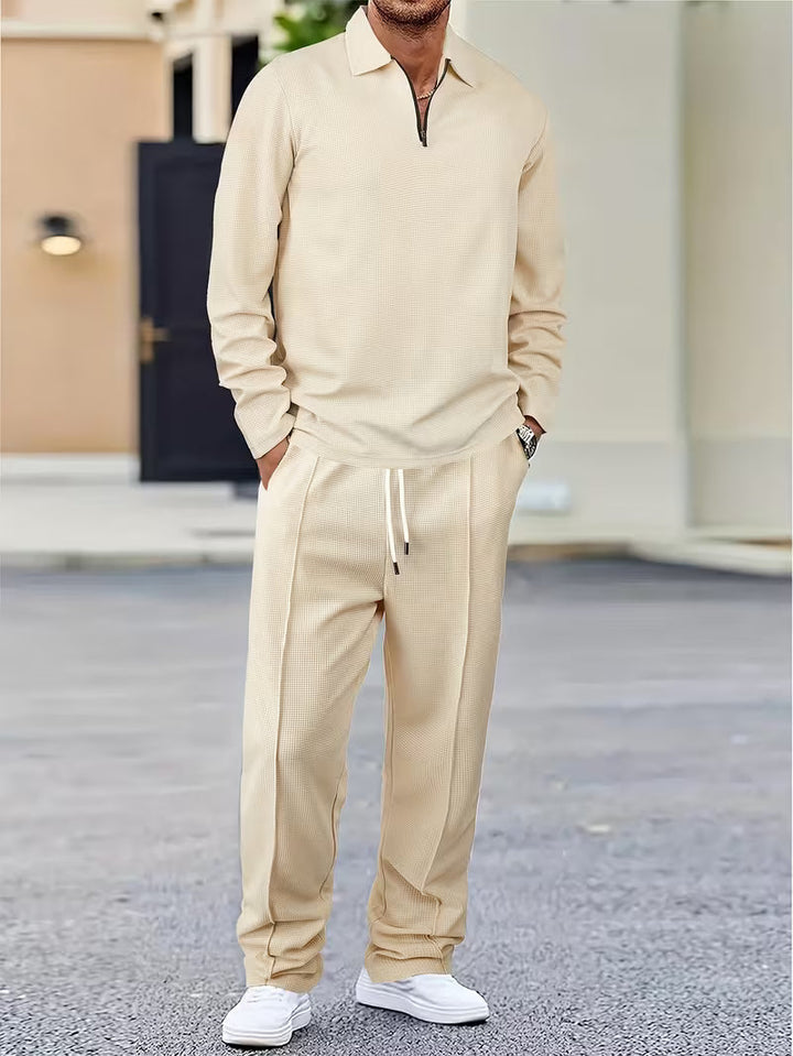 Zephran | Stylish Zipper Waffle Sweatshirt & Pants Suit