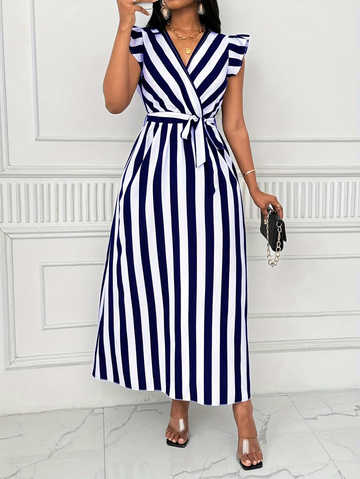 Natasha | Striped Dress with Lotus Leaf Sleeves Dress