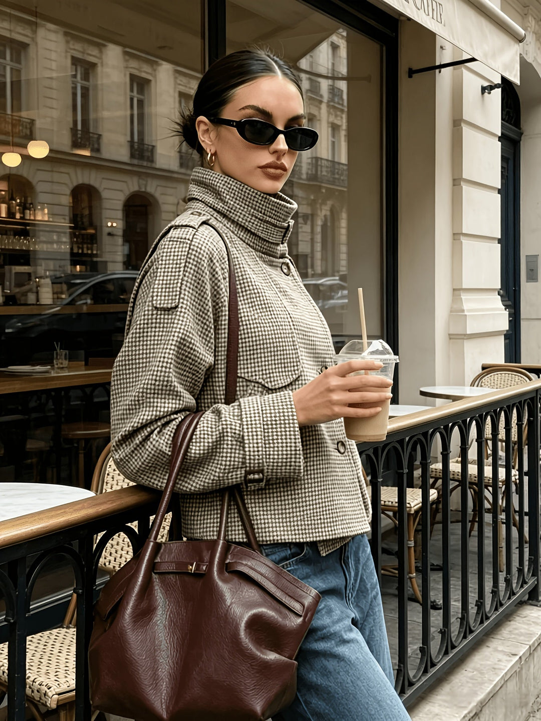 Penelope | Houndstooth Stand-Collar Cropped Coat
