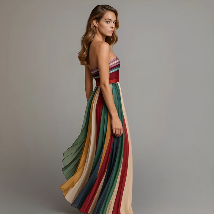 Celeste | Elegant Rainbow Striped Maxi Dress