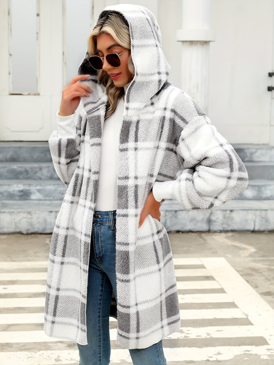 Gloria | Hooded Plaid Longline Cardigan
