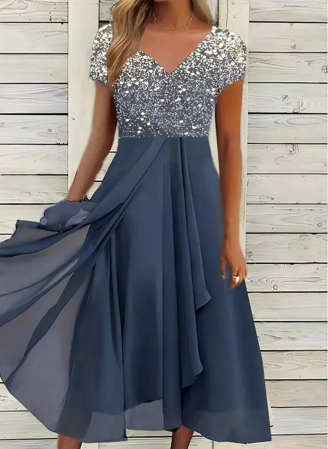 Aurora | Sparkle V-Neck Evening Midi Dress