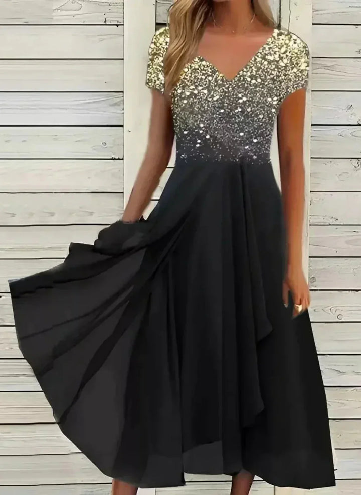 Aurora | Sparkle V-Neck Evening Midi Dress
