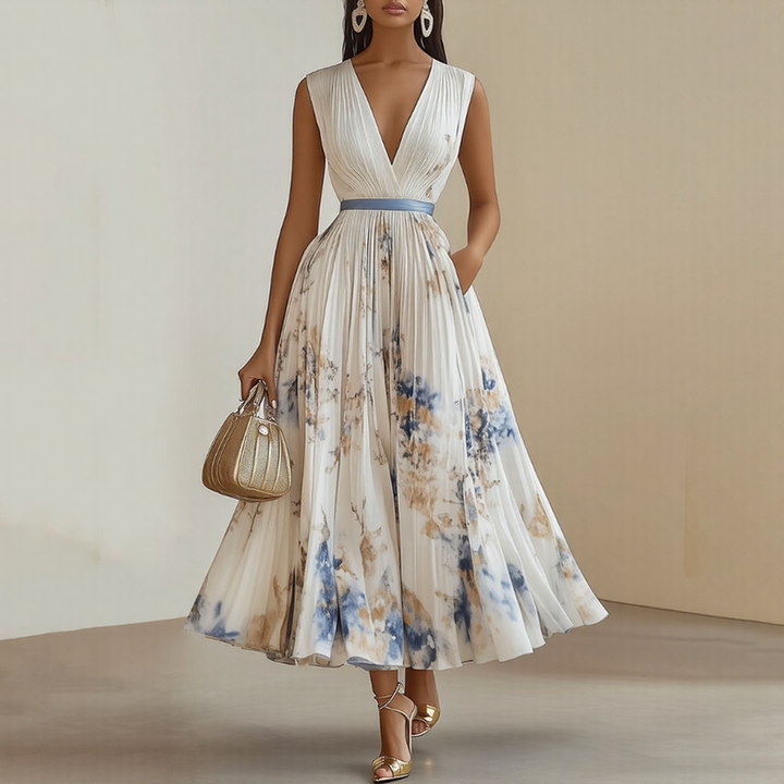 Alexia | Elegant Pleated Maxi V-Neck Dress