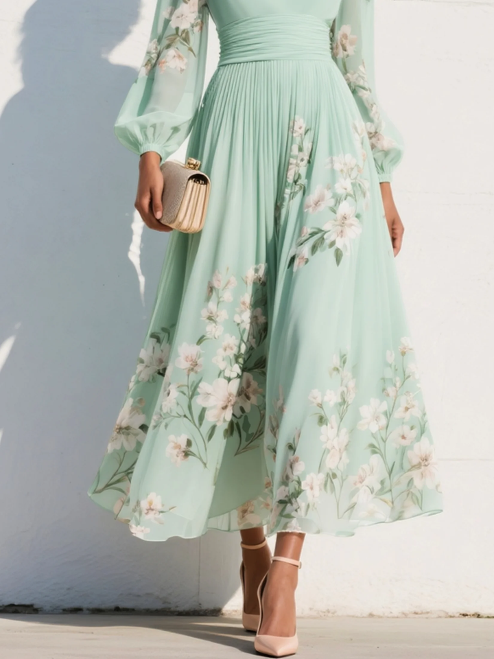 Selina | Stylish V-Neck Chiffon Floral Midi Dress