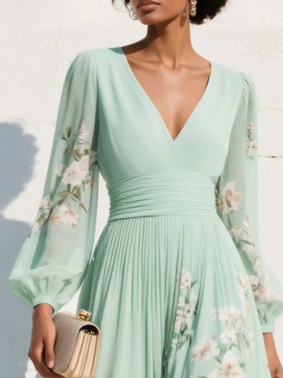 Selina | Stylish V-Neck Chiffon Floral Midi Dress