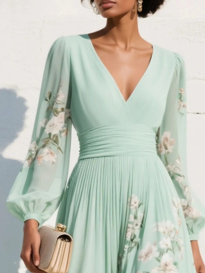 Selina | Stylish V-Neck Chiffon Floral Midi Dress