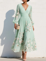 Selina | Stylish V-Neck Chiffon Floral Midi Dress