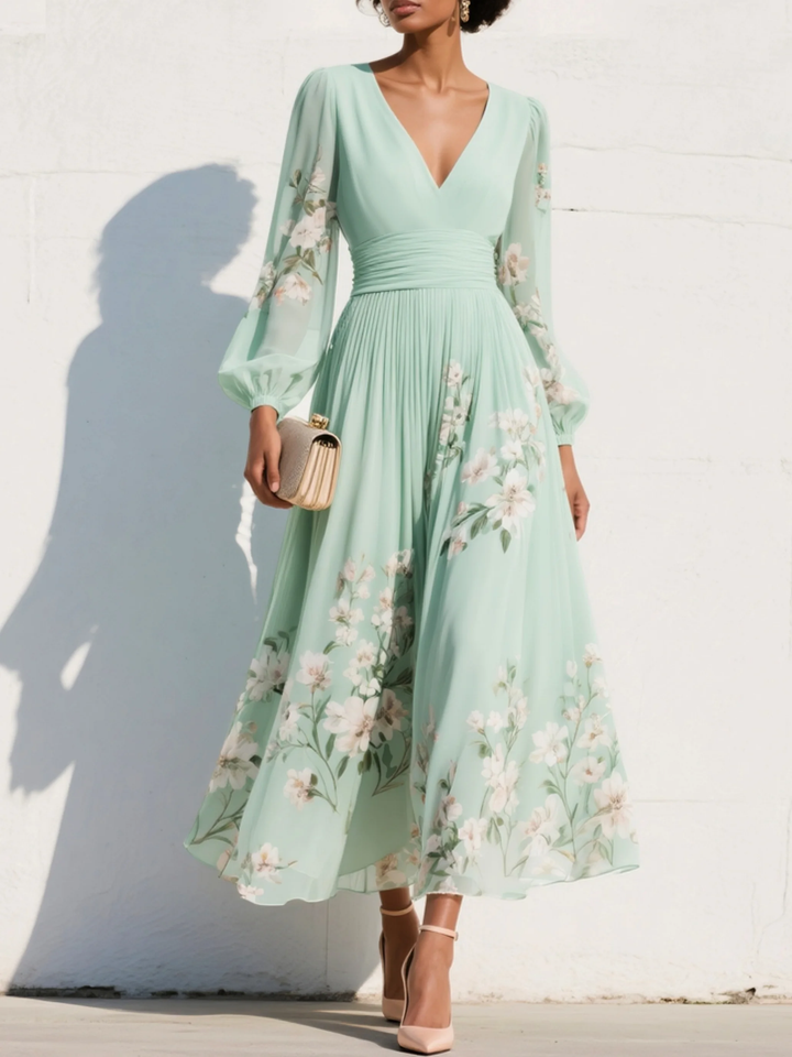 Selina | Stylish V-Neck Chiffon Floral Midi Dress