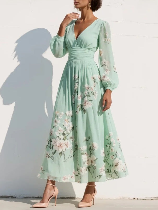Selina | Stylish V-Neck Chiffon Floral Midi Dress