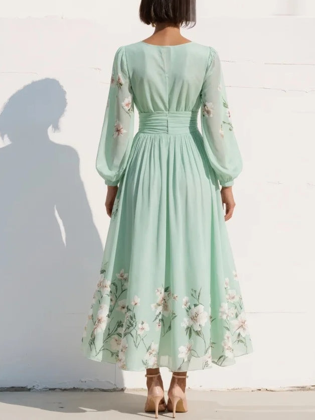 Selina | Stylish V-Neck Chiffon Floral Midi Dress
