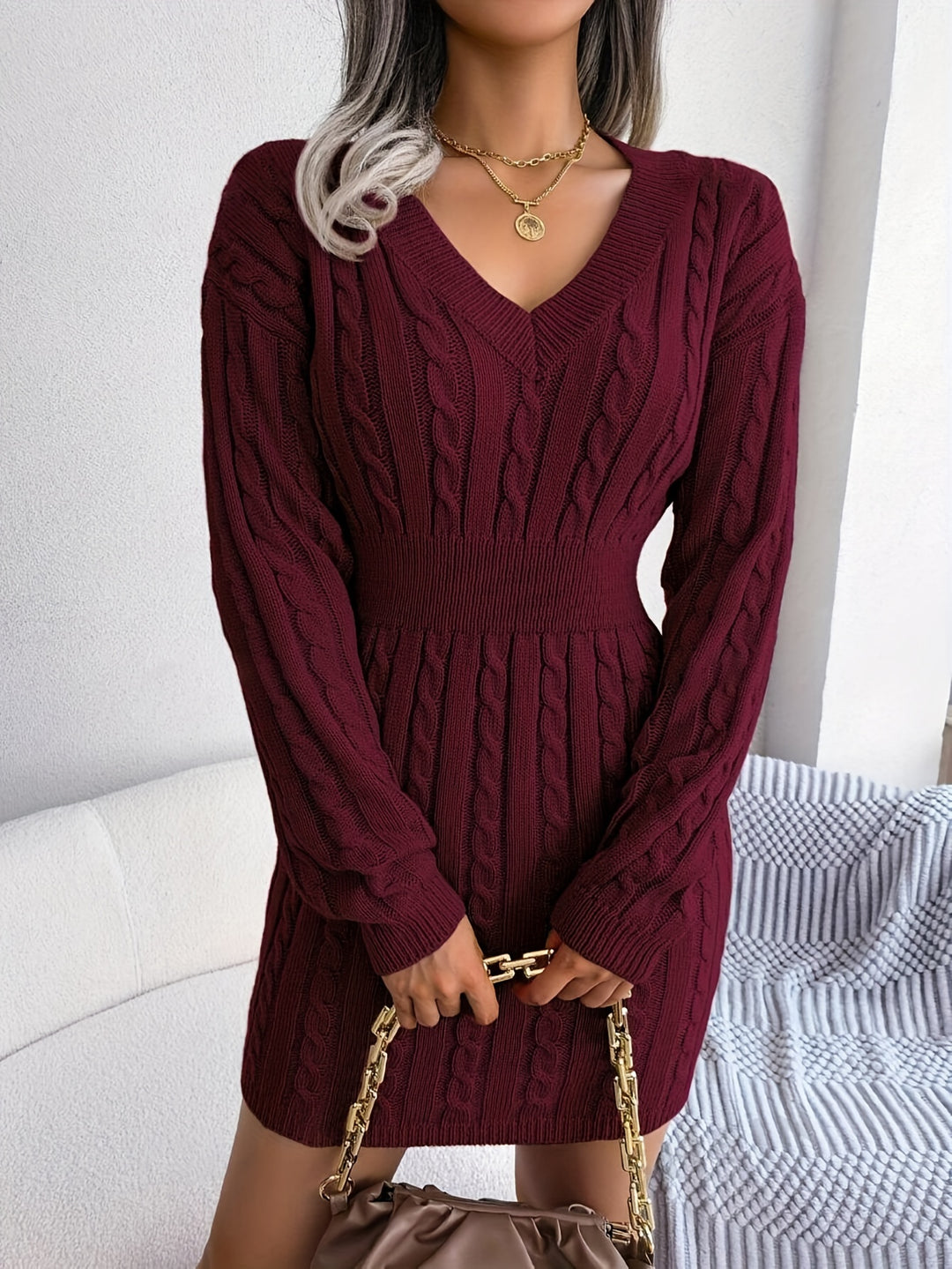 Rosalyn | Cable-Knit V-Neck Sweater Dress