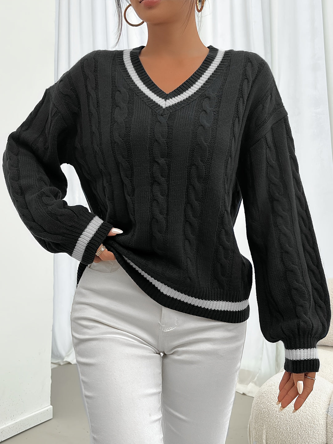 Whitney | V-Neck Cable-Knit Sweater