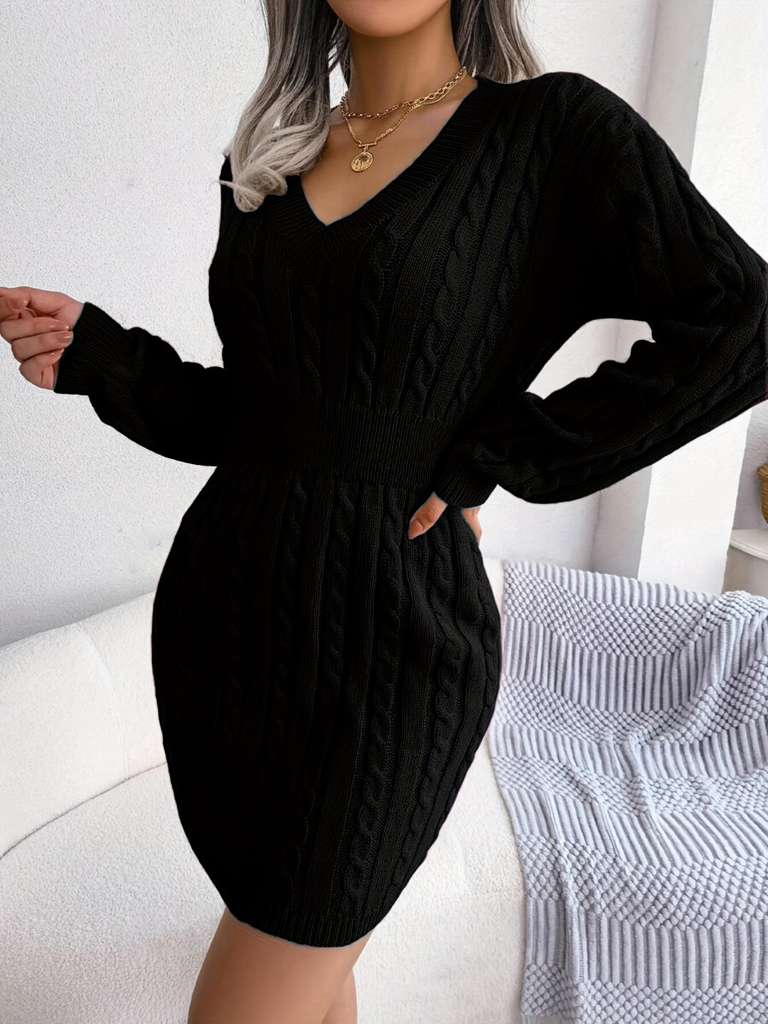 Rosalyn | Cable-Knit V-Neck Sweater Dress