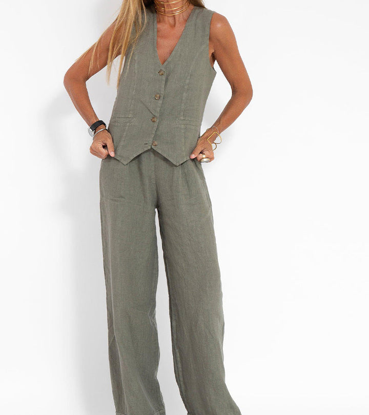 Suzanne | Sleeveless V-Neck Vest & Wide-Leg Pants Set