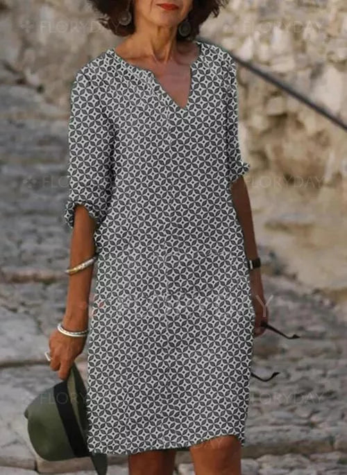 Helena | Elegant Geometric Print V-Neck Dress