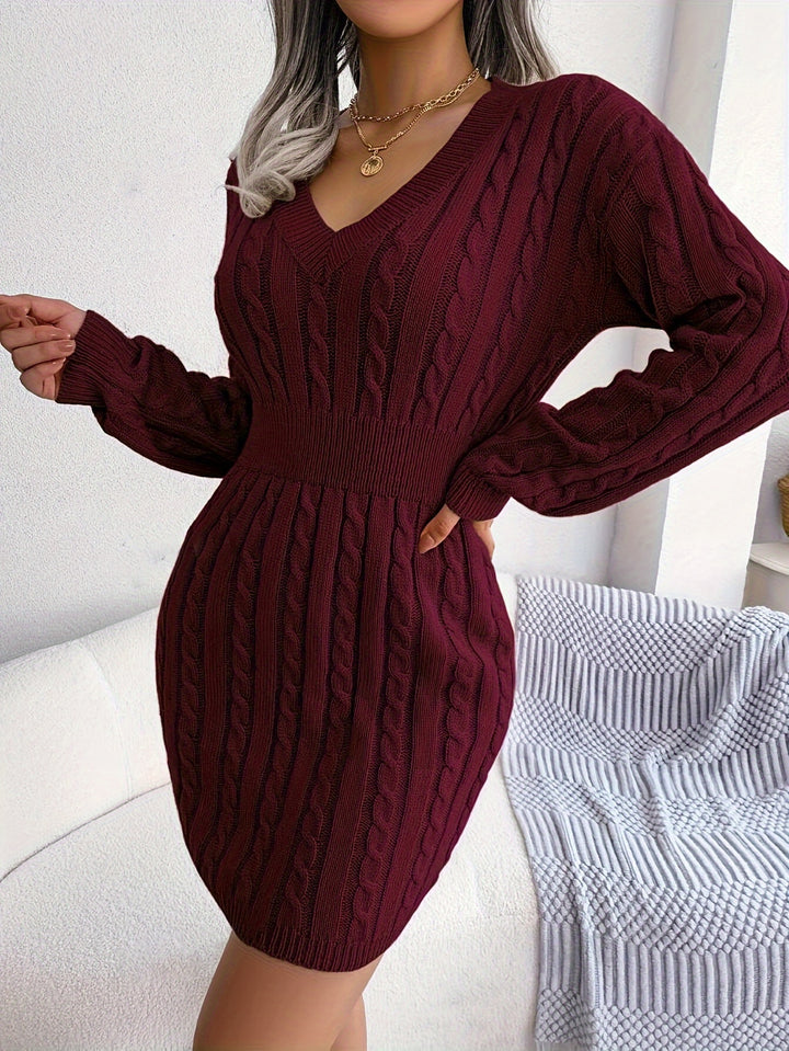 Rosalyn | Cable-Knit V-Neck Sweater Dress