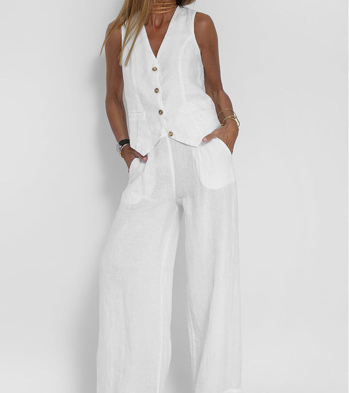 Suzanne | Sleeveless V-Neck Vest & Wide-Leg Pants Set